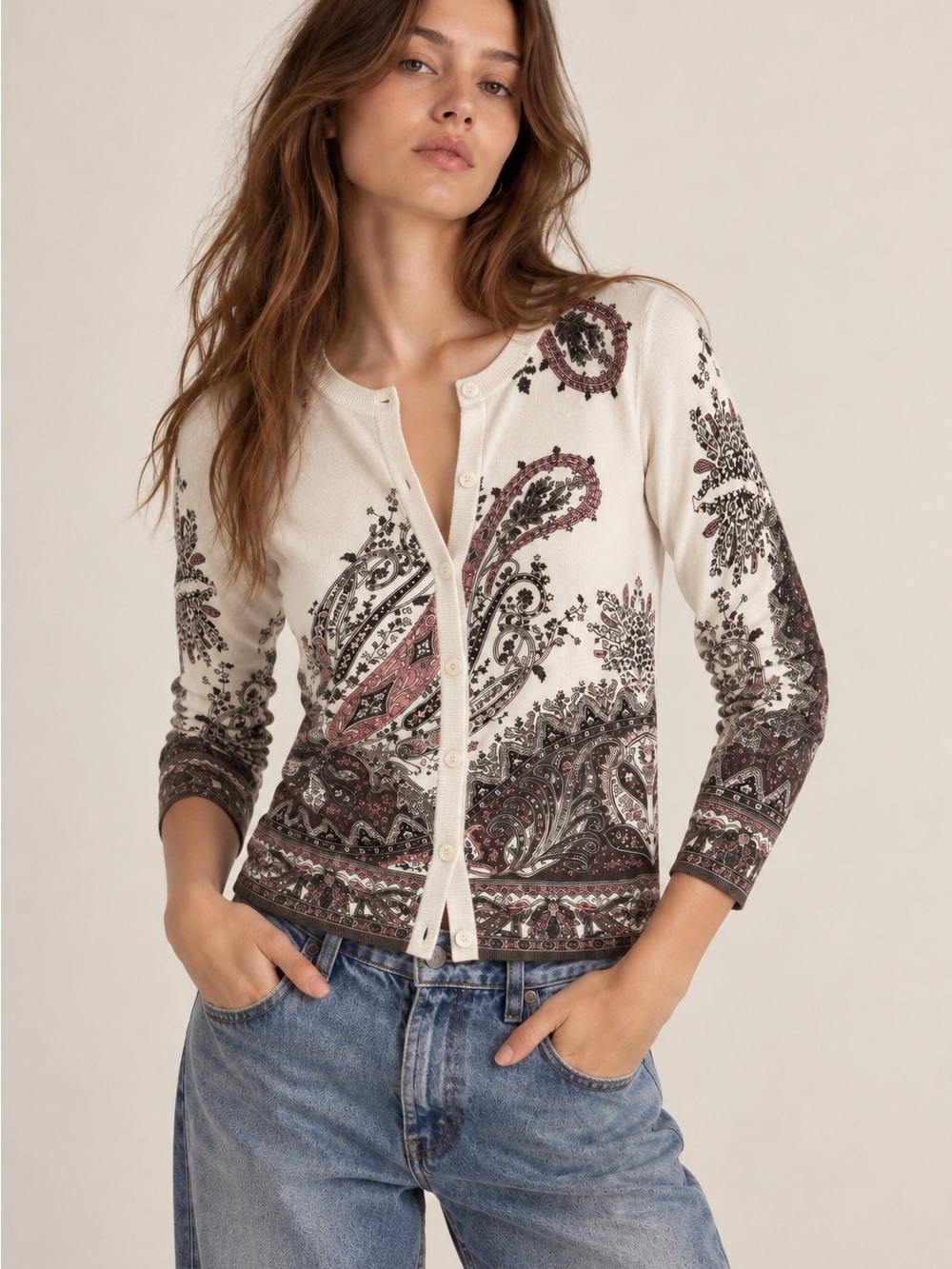 Talbots Cream Paisley Button-Front Cardigan with Brown and Pink Accents Size SP